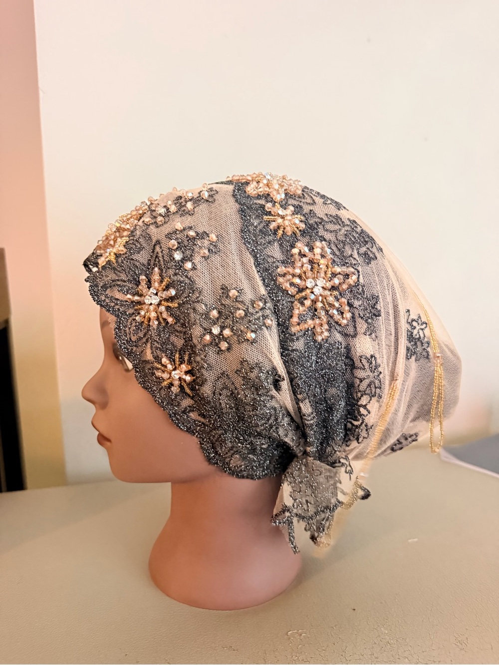 Embellished Black & Cream Lace Headscarf with Beaded Floral Appliqué
